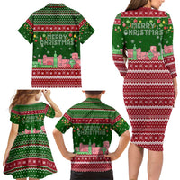 Oman Christmas Family Matching Long Sleeve Bodycon Dress and Hawaiian Shirt with Green-Red Pattern, Mosque and Fort Landmarks, and Festive Ornament Motif - Wonder Print Shop