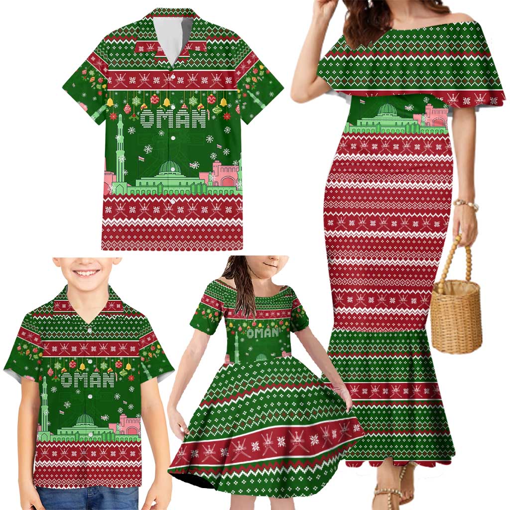 Oman Christmas Family Matching Mermaid Dress and Hawaiian Shirt with Green-Red Pattern, Mosque and Fort Landmarks, and Festive Ornament Motif - Wonder Print Shop