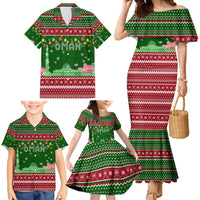 Oman Christmas Family Matching Mermaid Dress and Hawaiian Shirt with Green-Red Pattern, Mosque and Fort Landmarks, and Festive Ornament Motif - Wonder Print Shop