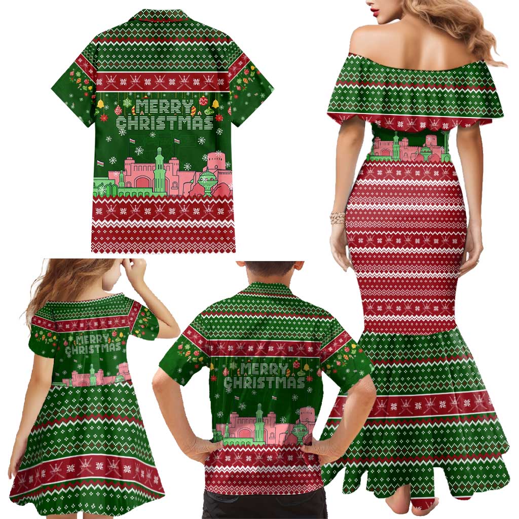 Oman Christmas Family Matching Mermaid Dress and Hawaiian Shirt with Green-Red Pattern, Mosque and Fort Landmarks, and Festive Ornament Motif - Wonder Print Shop