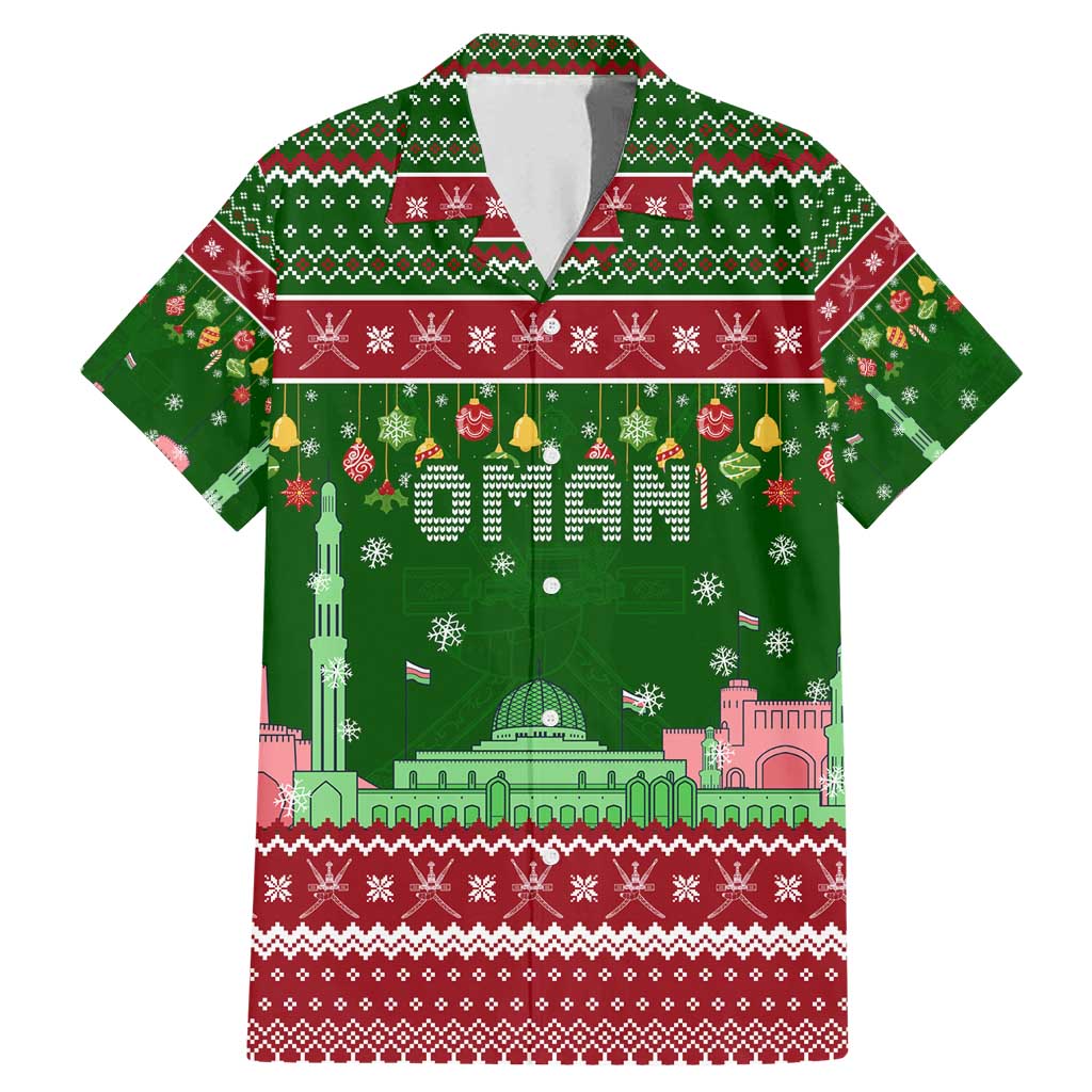 Oman Christmas Family Matching Mermaid Dress and Hawaiian Shirt with Green-Red Pattern, Mosque and Fort Landmarks, and Festive Ornament Motif - Wonder Print Shop