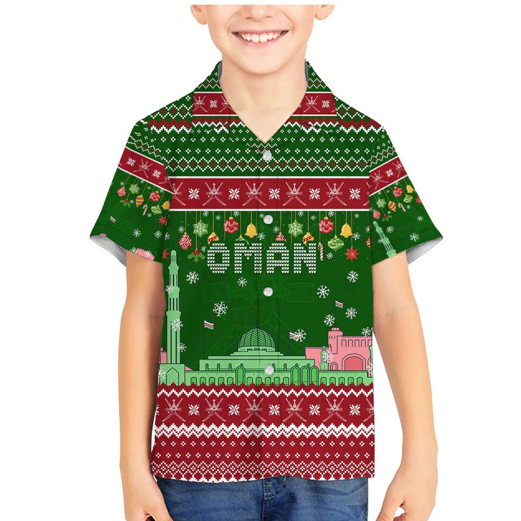 Oman Christmas Family Matching Mermaid Dress and Hawaiian Shirt with Green-Red Pattern, Mosque and Fort Landmarks, and Festive Ornament Motif - Wonder Print Shop