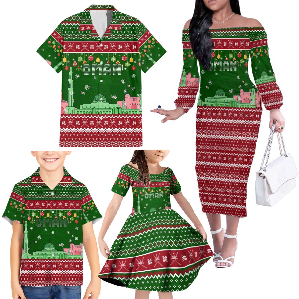 Oman Christmas Family Matching Off The Shoulder Long Sleeve Dress and Hawaiian Shirt with Green-Red Pattern, Mosque and Fort Landmarks, and Festive Ornament Motif - Wonder Print Shop