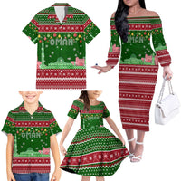 Oman Christmas Family Matching Off The Shoulder Long Sleeve Dress and Hawaiian Shirt with Green-Red Pattern, Mosque and Fort Landmarks, and Festive Ornament Motif - Wonder Print Shop
