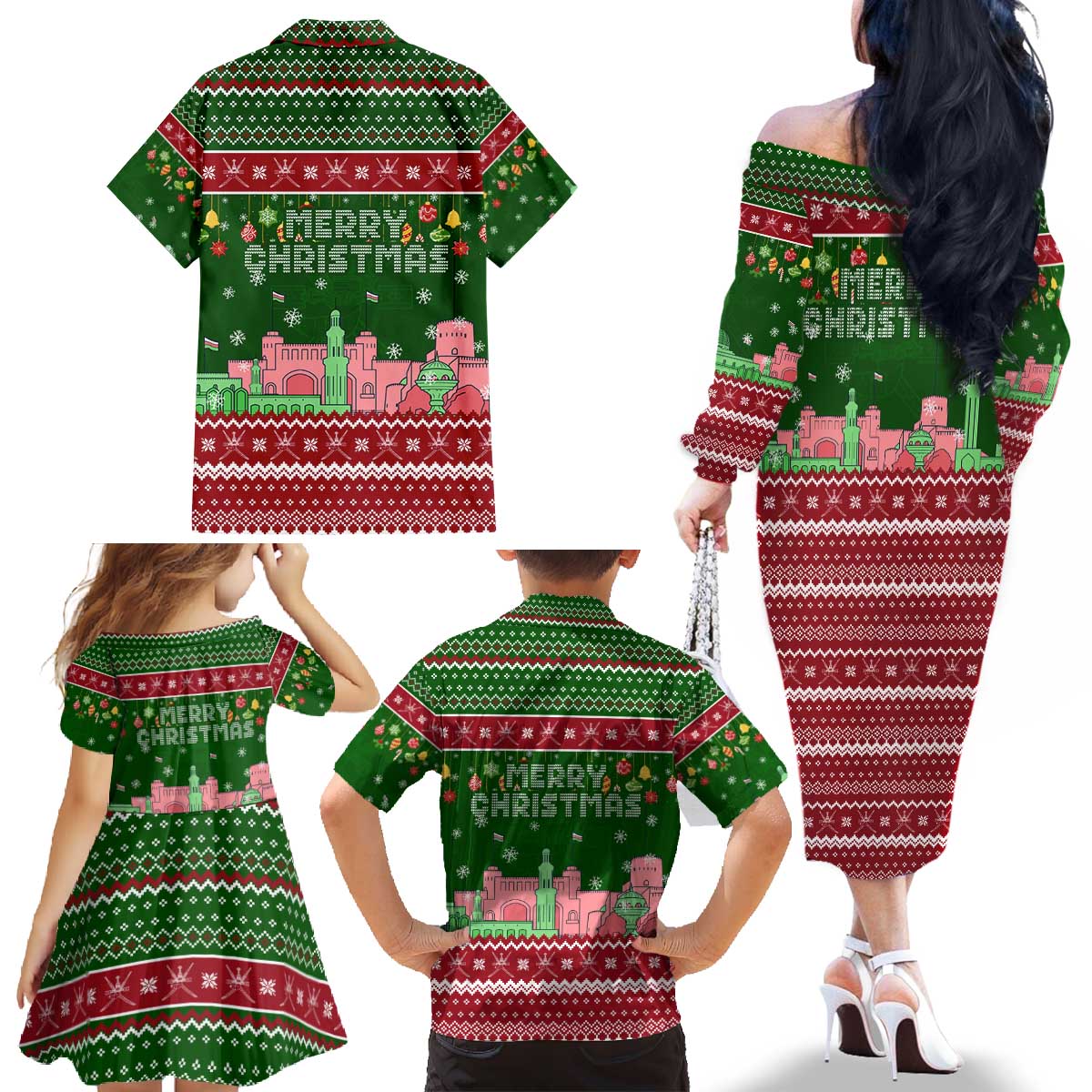 Oman Christmas Family Matching Off The Shoulder Long Sleeve Dress and Hawaiian Shirt with Green-Red Pattern, Mosque and Fort Landmarks, and Festive Ornament Motif - Wonder Print Shop