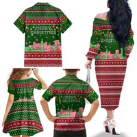 Oman Christmas Family Matching Off The Shoulder Long Sleeve Dress and Hawaiian Shirt with Green-Red Pattern, Mosque and Fort Landmarks, and Festive Ornament Motif - Wonder Print Shop