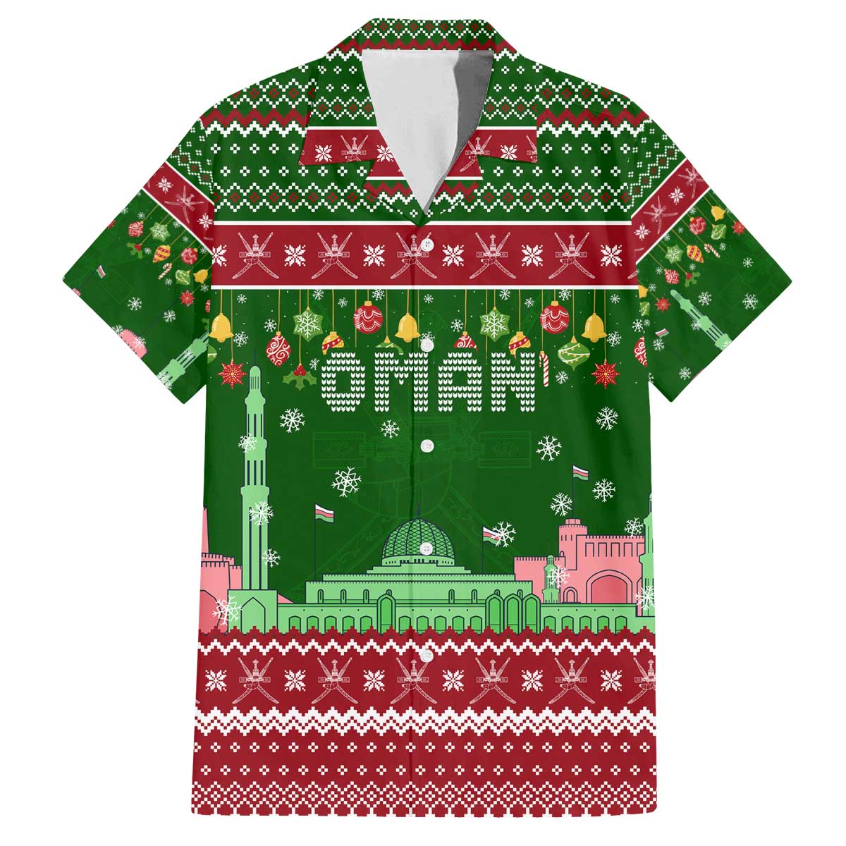 Oman Christmas Family Matching Off The Shoulder Long Sleeve Dress and Hawaiian Shirt with Green-Red Pattern, Mosque and Fort Landmarks, and Festive Ornament Motif - Wonder Print Shop