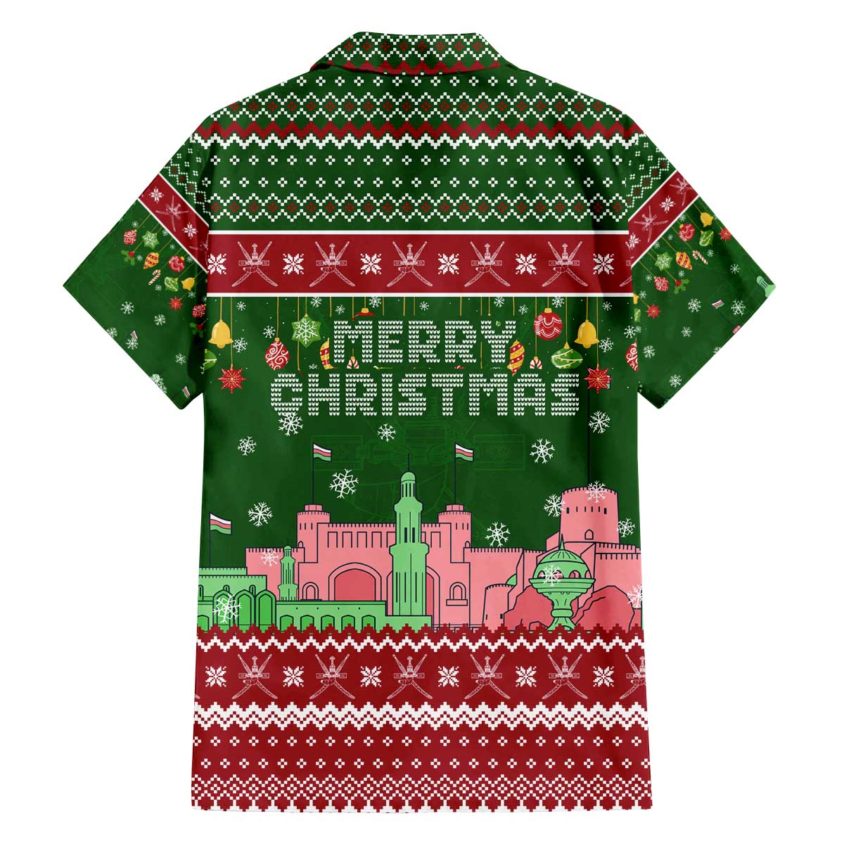 Oman Christmas Family Matching Off The Shoulder Long Sleeve Dress and Hawaiian Shirt with Green-Red Pattern, Mosque and Fort Landmarks, and Festive Ornament Motif - Wonder Print Shop