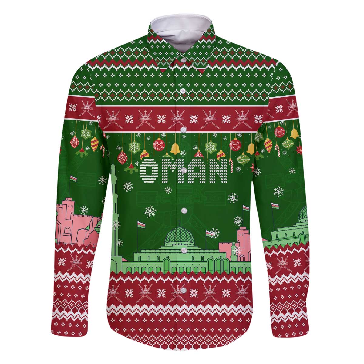Oman Christmas Family Matching Off The Shoulder Long Sleeve Dress and Hawaiian Shirt with Green-Red Pattern, Mosque and Fort Landmarks, and Festive Ornament Motif - Wonder Print Shop
