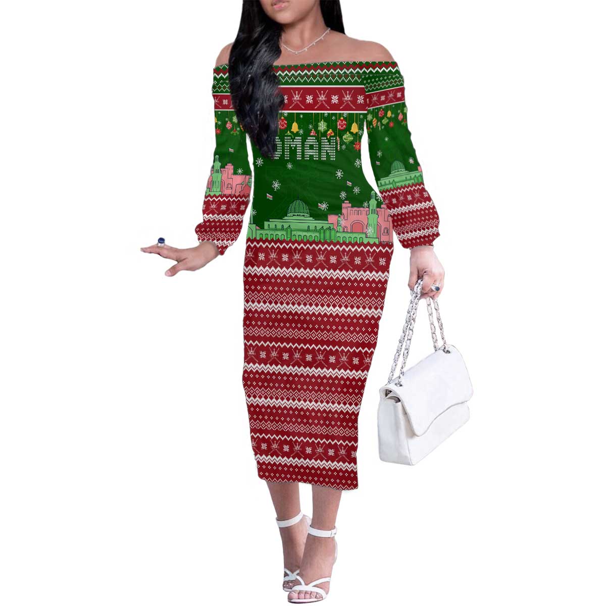 Oman Christmas Family Matching Off The Shoulder Long Sleeve Dress and Hawaiian Shirt with Green-Red Pattern, Mosque and Fort Landmarks, and Festive Ornament Motif - Wonder Print Shop