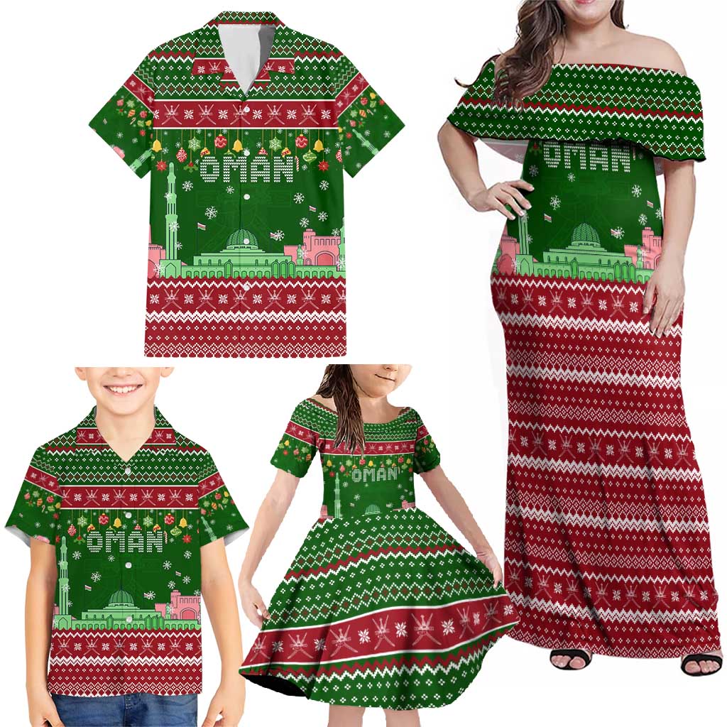 Oman Christmas Family Matching Off Shoulder Maxi Dress and Hawaiian Shirt with Green-Red Pattern, Mosque and Fort Landmarks, and Festive Ornament Motif - Wonder Print Shop