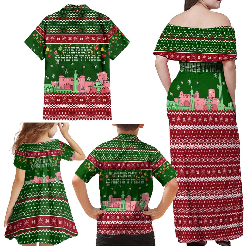 Oman Christmas Family Matching Off Shoulder Maxi Dress and Hawaiian Shirt with Green-Red Pattern, Mosque and Fort Landmarks, and Festive Ornament Motif - Wonder Print Shop