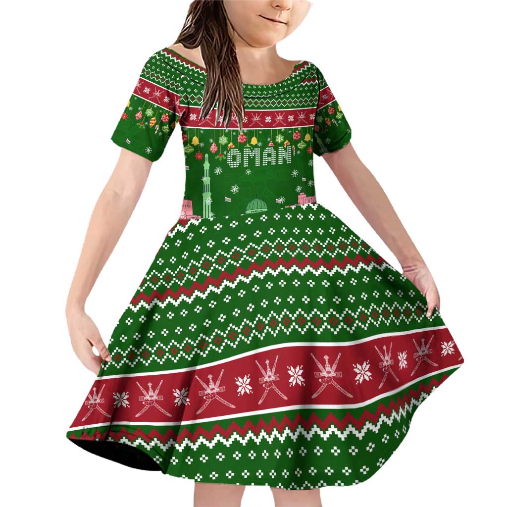 Oman Christmas Family Matching Off Shoulder Short Dress and Hawaiian Shirt with Green-Red Pattern, Mosque and Fort Landmarks, and Festive Ornament Motif - Wonder Print Shop
