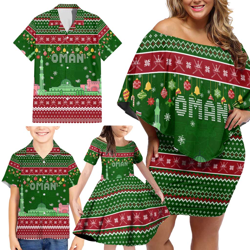 Oman Christmas Family Matching Off Shoulder Short Dress and Hawaiian Shirt with Green-Red Pattern, Mosque and Fort Landmarks, and Festive Ornament Motif - Wonder Print Shop