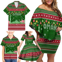 Oman Christmas Family Matching Off Shoulder Short Dress and Hawaiian Shirt with Green-Red Pattern, Mosque and Fort Landmarks, and Festive Ornament Motif - Wonder Print Shop
