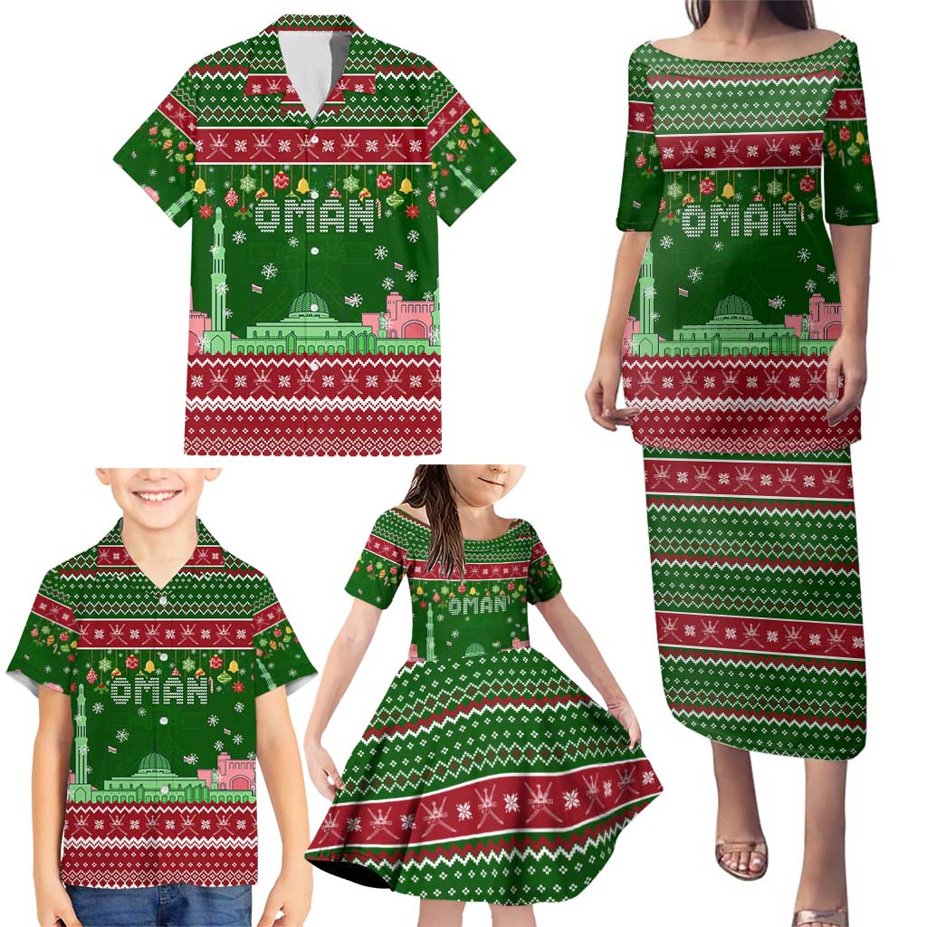 Oman Christmas Family Matching Puletasi and Hawaiian Shirt with Green-Red Pattern, Mosque and Fort Landmarks, and Festive Ornament Motif - Wonder Print Shop