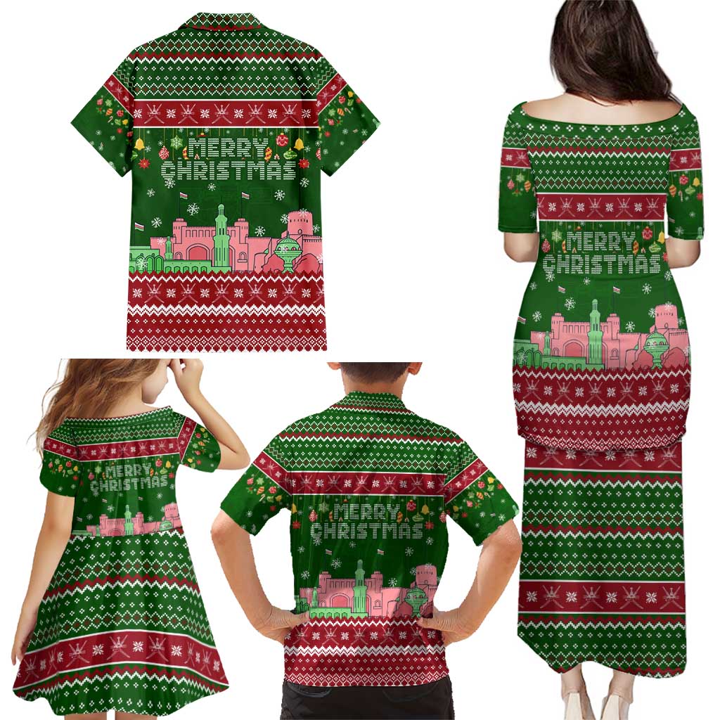 Oman Christmas Family Matching Puletasi and Hawaiian Shirt with Green-Red Pattern, Mosque and Fort Landmarks, and Festive Ornament Motif - Wonder Print Shop