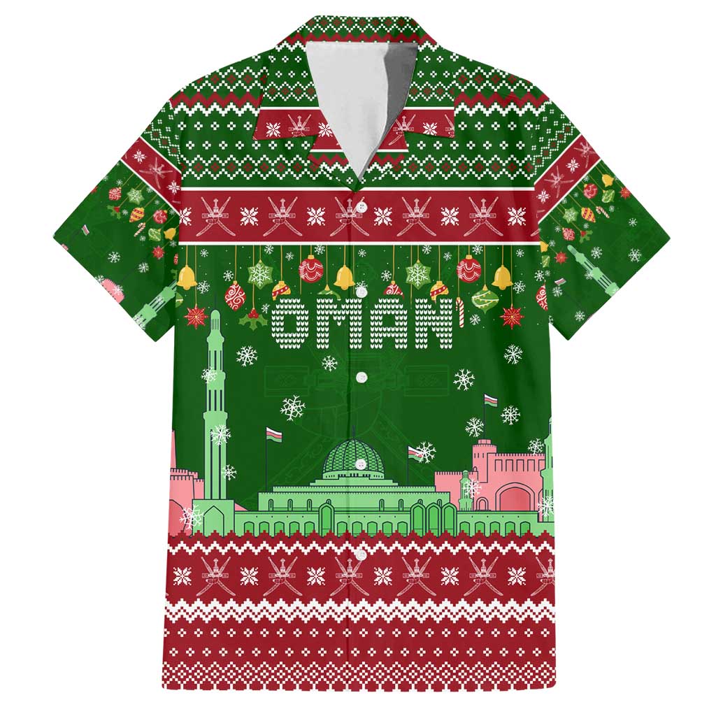 Oman Christmas Family Matching Puletasi and Hawaiian Shirt with Green-Red Pattern, Mosque and Fort Landmarks, and Festive Ornament Motif - Wonder Print Shop
