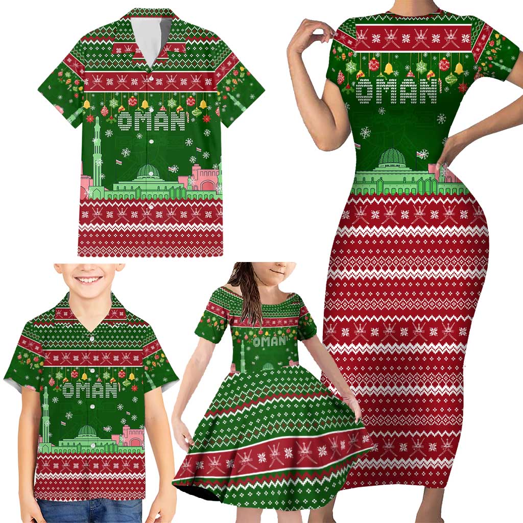Oman Christmas Family Matching Short Sleeve Bodycon Dress and Hawaiian Shirt with Green-Red Pattern, Mosque and Fort Landmarks, and Festive Ornament Motif - Wonder Print Shop