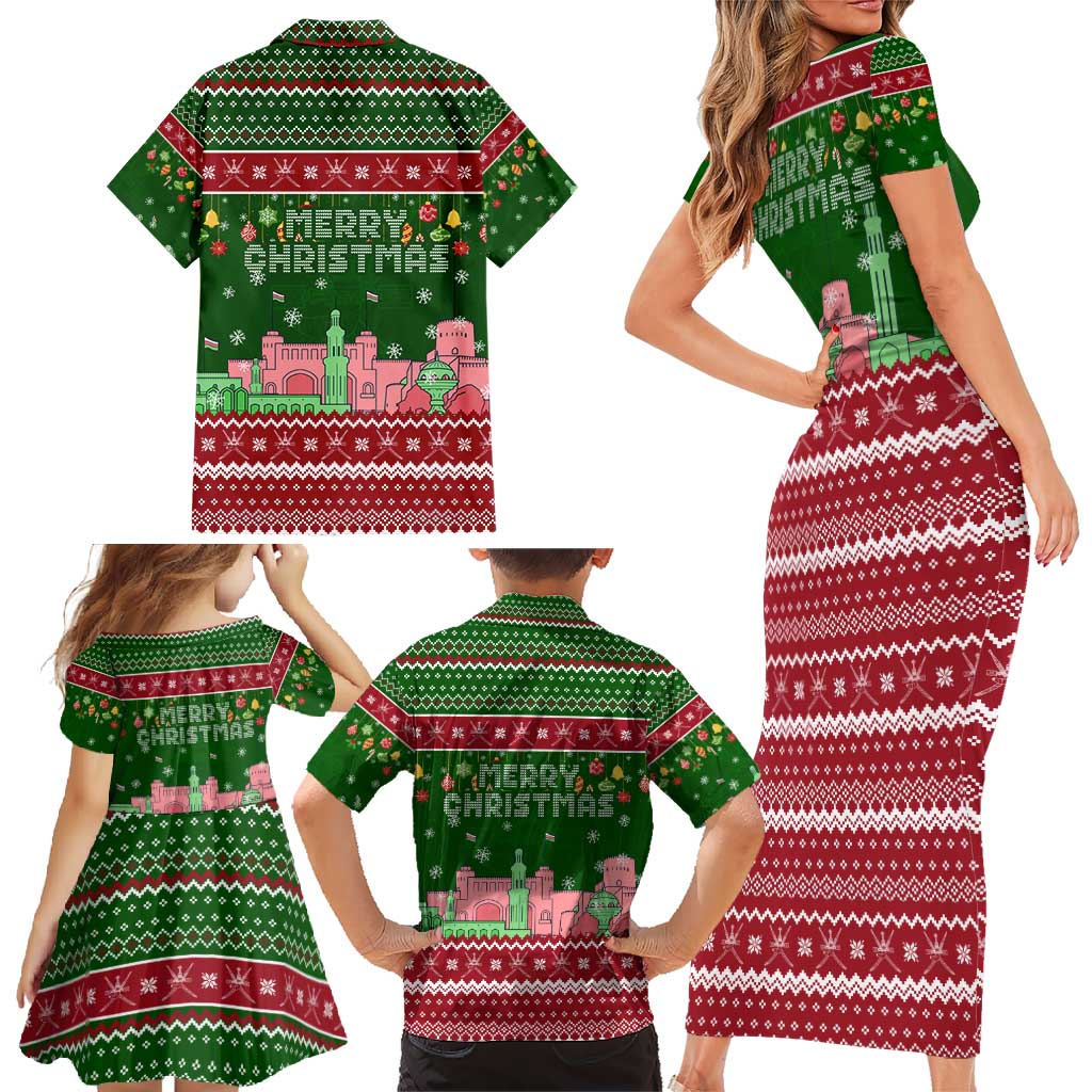 Oman Christmas Family Matching Short Sleeve Bodycon Dress and Hawaiian Shirt with Green-Red Pattern, Mosque and Fort Landmarks, and Festive Ornament Motif - Wonder Print Shop