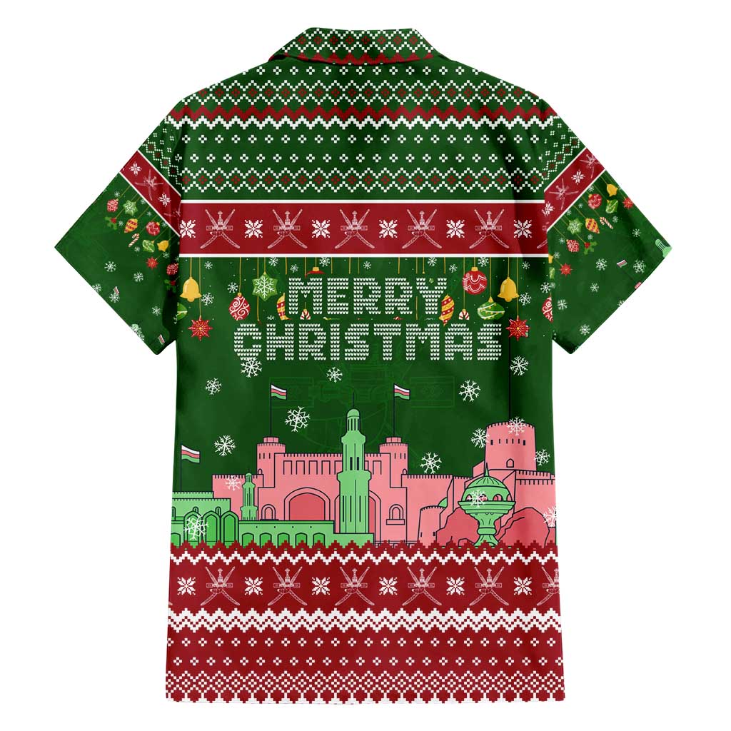 Oman Christmas Family Matching Short Sleeve Bodycon Dress and Hawaiian Shirt with Green-Red Pattern, Mosque and Fort Landmarks, and Festive Ornament Motif - Wonder Print Shop