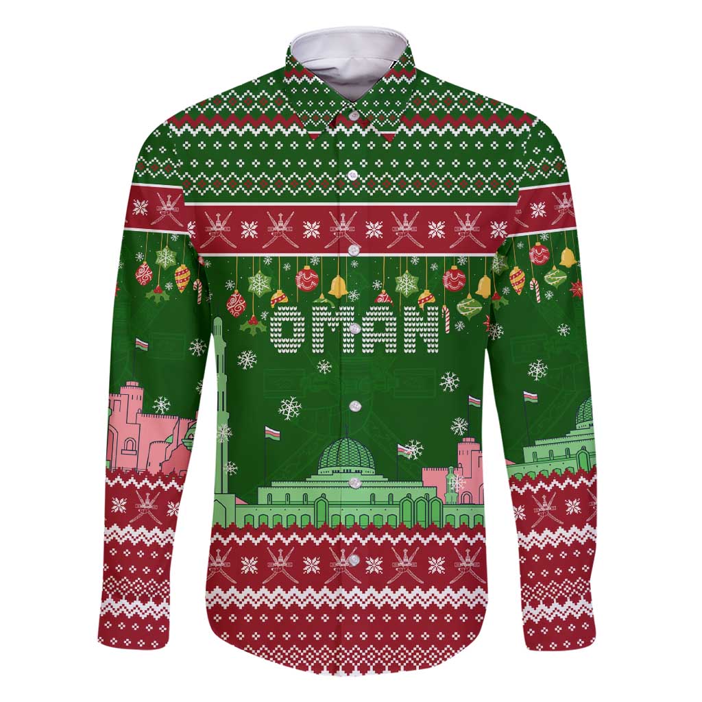 Oman Christmas Family Matching Short Sleeve Bodycon Dress and Hawaiian Shirt with Green-Red Pattern, Mosque and Fort Landmarks, and Festive Ornament Motif - Wonder Print Shop