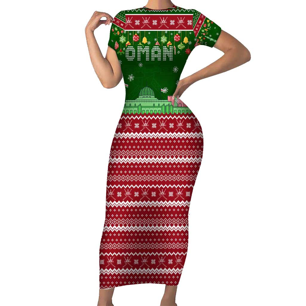 Oman Christmas Family Matching Short Sleeve Bodycon Dress and Hawaiian Shirt with Green-Red Pattern, Mosque and Fort Landmarks, and Festive Ornament Motif - Wonder Print Shop