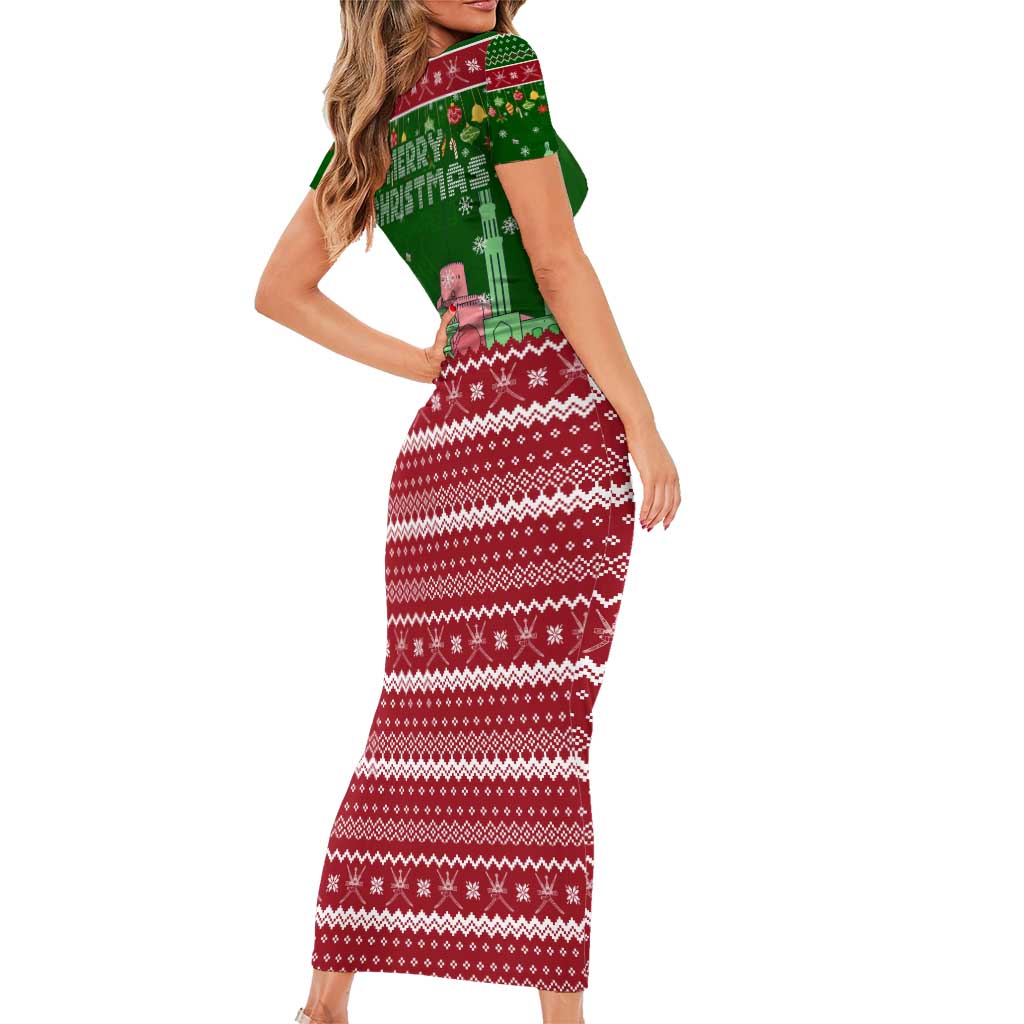 Oman Christmas Family Matching Short Sleeve Bodycon Dress and Hawaiian Shirt with Green-Red Pattern, Mosque and Fort Landmarks, and Festive Ornament Motif - Wonder Print Shop