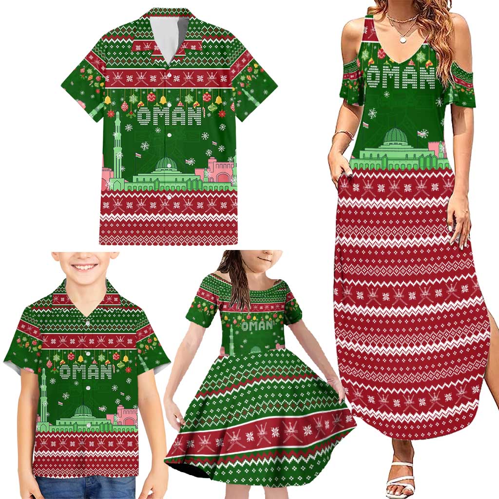 Oman Christmas Family Matching Summer Maxi Dress and Hawaiian Shirt with Green-Red Pattern, Mosque and Fort Landmarks, and Festive Ornament Motif - Wonder Print Shop