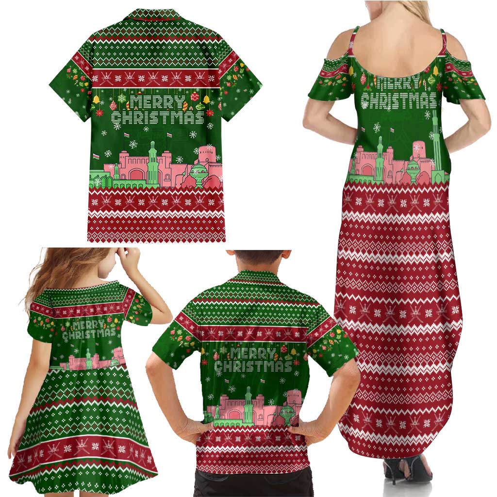 Oman Christmas Family Matching Summer Maxi Dress and Hawaiian Shirt with Green-Red Pattern, Mosque and Fort Landmarks, and Festive Ornament Motif - Wonder Print Shop