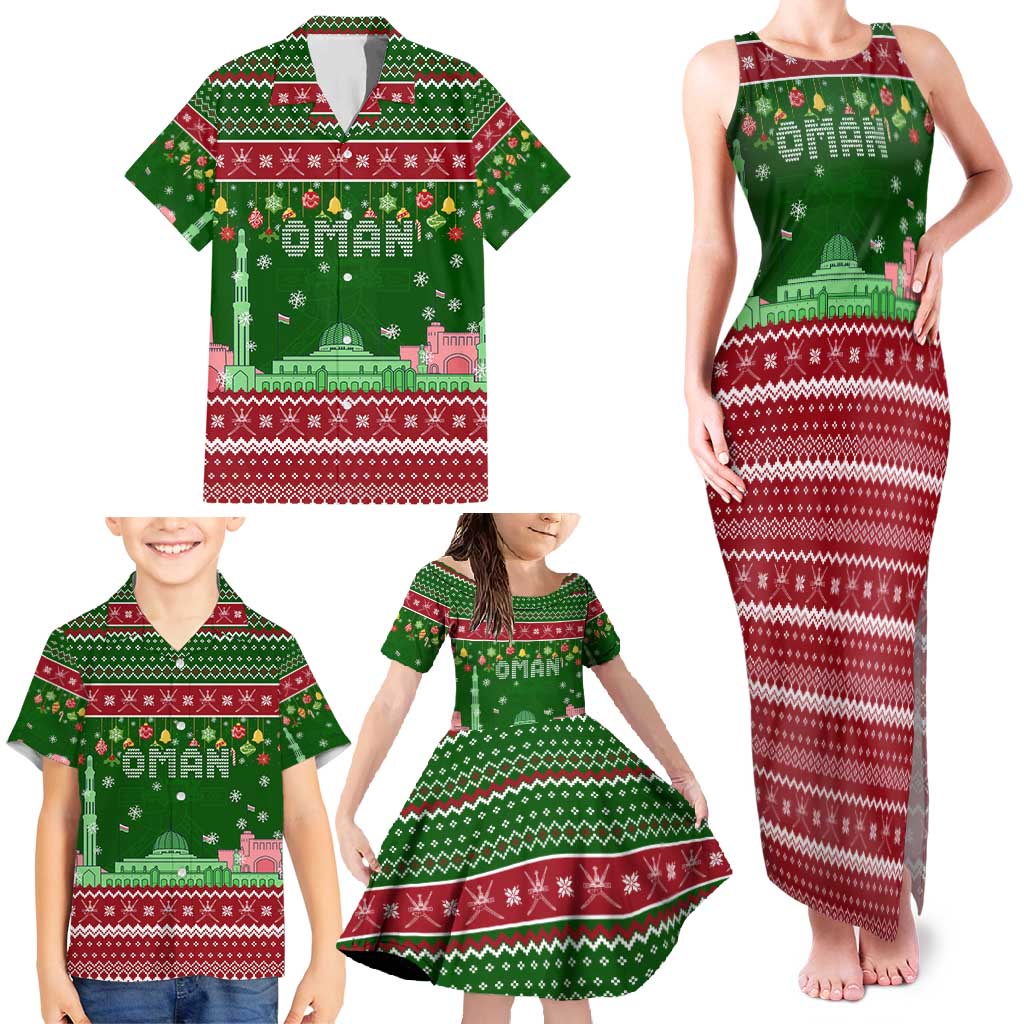 Oman Christmas Family Matching Tank Maxi Dress and Hawaiian Shirt with Green-Red Pattern, Mosque and Fort Landmarks, and Festive Ornament Motif - Wonder Print Shop