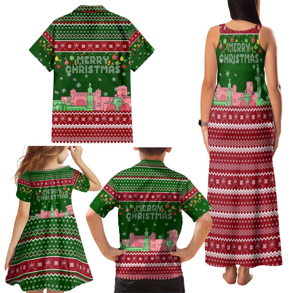 Oman Christmas Family Matching Tank Maxi Dress and Hawaiian Shirt with Green-Red Pattern, Mosque and Fort Landmarks, and Festive Ornament Motif - Wonder Print Shop