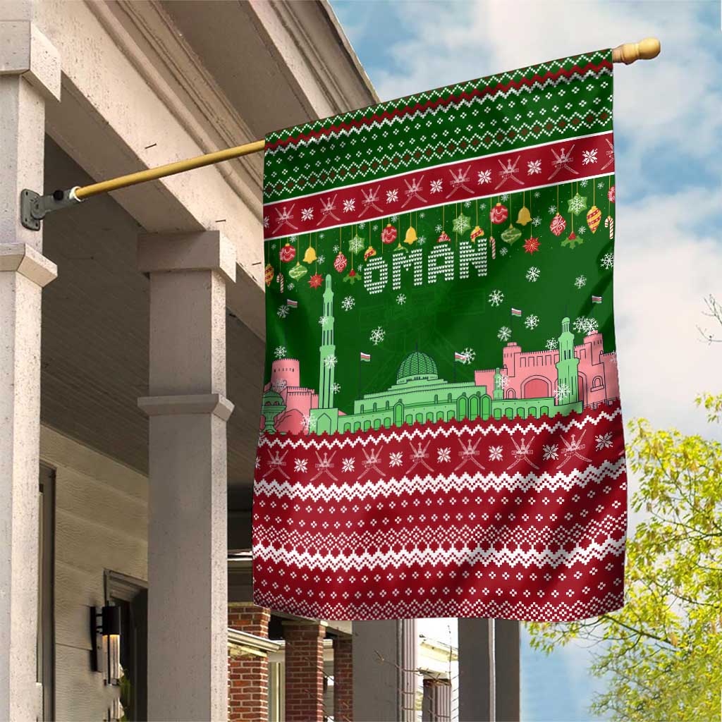 Oman Christmas Garden Flag with Green-Red Pattern, Mosque and Fort Landmarks, and Festive Ornament Motif - Wonder Print Shop