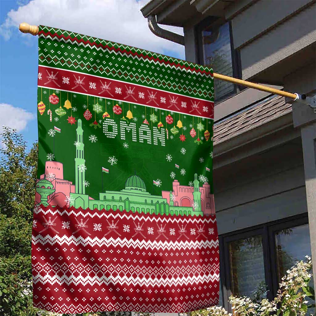 Oman Christmas Garden Flag with Green-Red Pattern, Mosque and Fort Landmarks, and Festive Ornament Motif - Wonder Print Shop