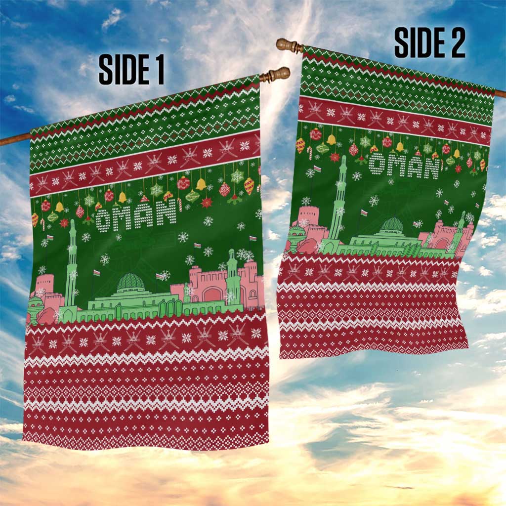 Oman Christmas Garden Flag with Green-Red Pattern, Mosque and Fort Landmarks, and Festive Ornament Motif - Wonder Print Shop