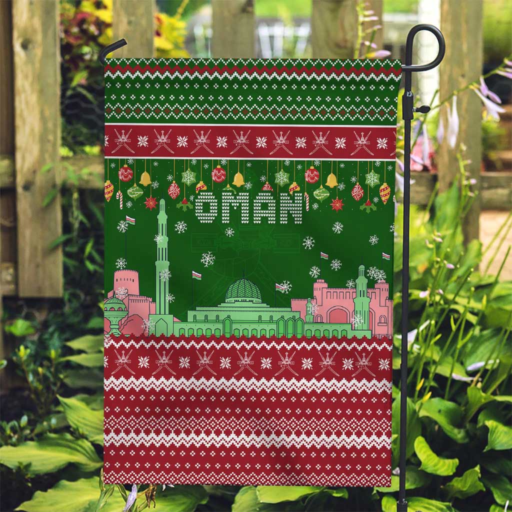 Oman Christmas Garden Flag with Green-Red Pattern, Mosque and Fort Landmarks, and Festive Ornament Motif - Wonder Print Shop