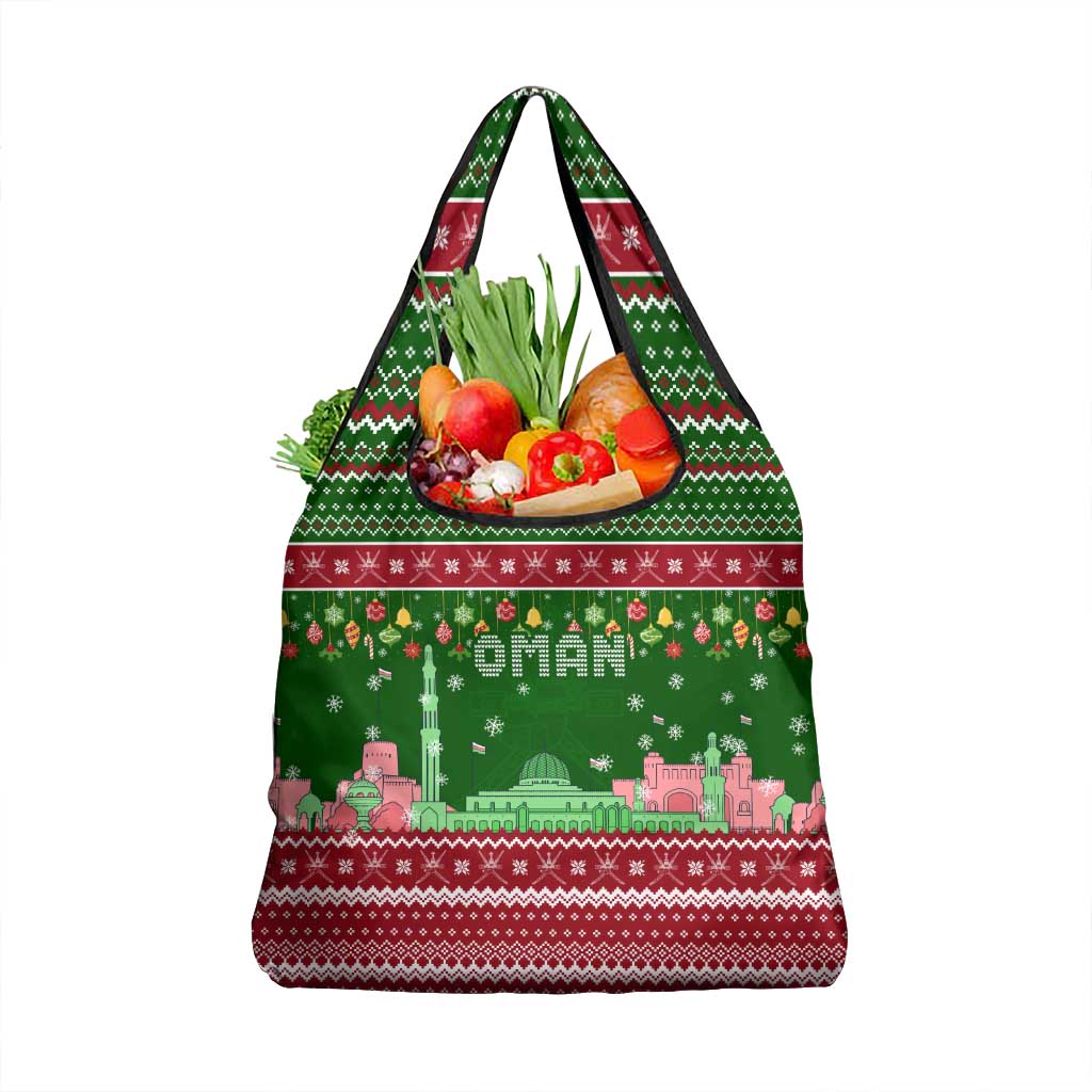 Oman Christmas Grocery Bag with Green-Red Pattern, Mosque and Fort Landmarks, and Festive Ornament Motif - Wonder Print Shop