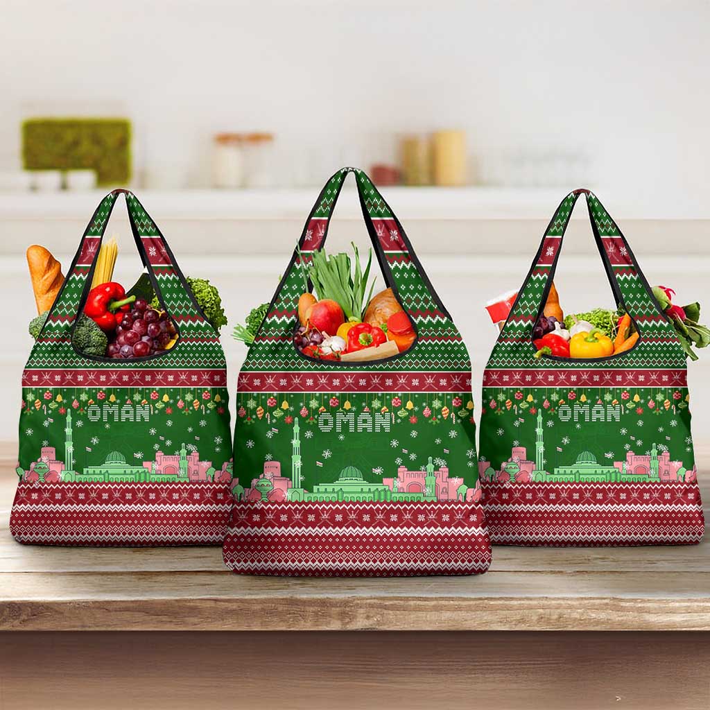 Oman Christmas Grocery Bag with Green-Red Pattern, Mosque and Fort Landmarks, and Festive Ornament Motif - Wonder Print Shop