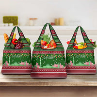 Oman Christmas Grocery Bag with Green-Red Pattern, Mosque and Fort Landmarks, and Festive Ornament Motif - Wonder Print Shop