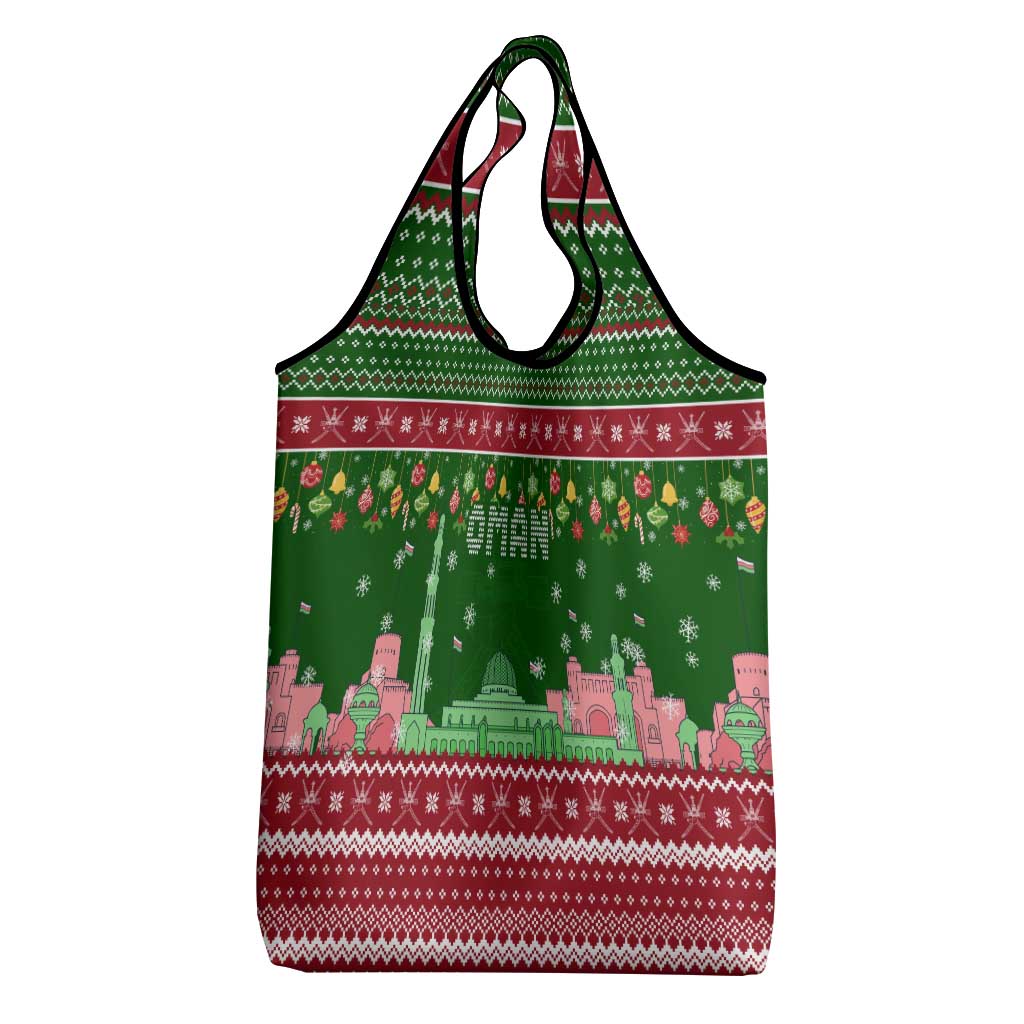 Oman Christmas Grocery Bag with Green-Red Pattern, Mosque and Fort Landmarks, and Festive Ornament Motif - Wonder Print Shop