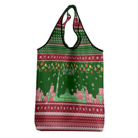 Oman Christmas Grocery Bag with Green-Red Pattern, Mosque and Fort Landmarks, and Festive Ornament Motif - Wonder Print Shop