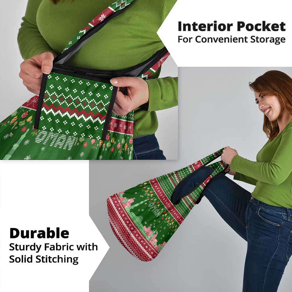 Oman Christmas Grocery Bag with Green-Red Pattern, Mosque and Fort Landmarks, and Festive Ornament Motif - Wonder Print Shop