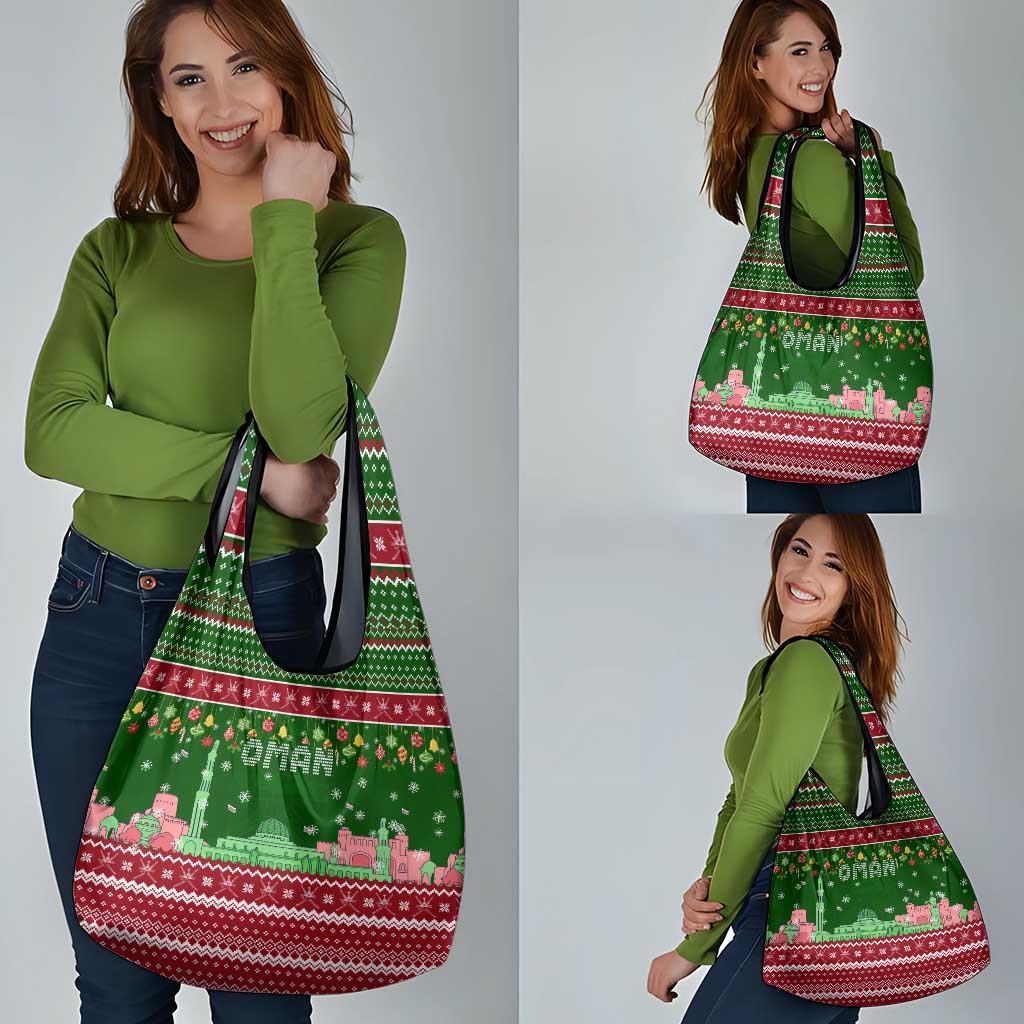 Oman Christmas Grocery Bag with Green-Red Pattern, Mosque and Fort Landmarks, and Festive Ornament Motif - Wonder Print Shop