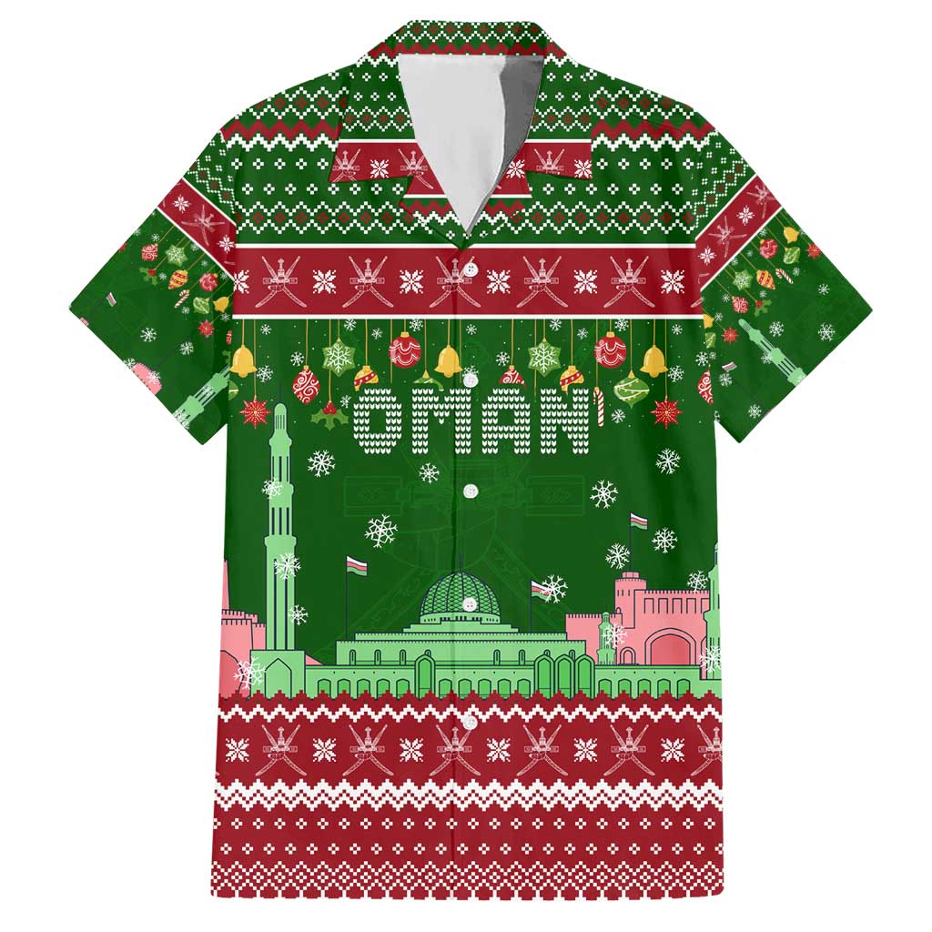 Oman Christmas Hawaiian Shirt with Green-Red Pattern, Mosque and Fort Landmarks, and Festive Ornament Motif - Wonder Print Shop