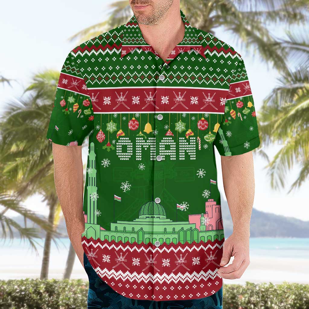 Oman Christmas Hawaiian Shirt with Green-Red Pattern, Mosque and Fort Landmarks, and Festive Ornament Motif - Wonder Print Shop