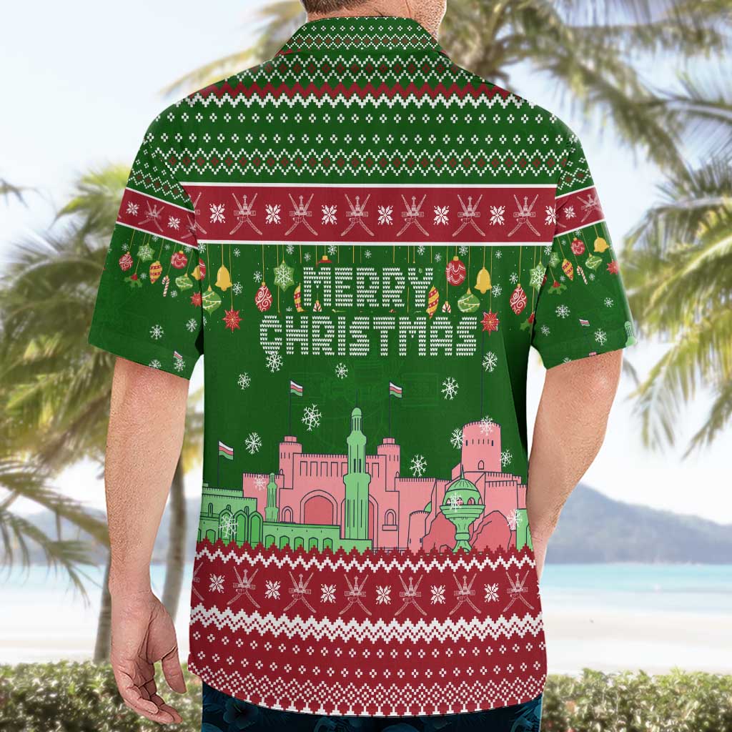 Oman Christmas Hawaiian Shirt with Green-Red Pattern, Mosque and Fort Landmarks, and Festive Ornament Motif - Wonder Print Shop