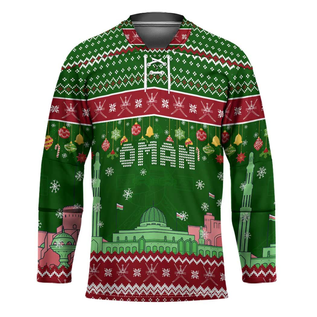 Oman Christmas Hockey Jersey with Green-Red Pattern, Mosque and Fort Landmarks, and Festive Ornament Motif - Wonder Print Shop