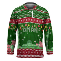 Oman Christmas Hockey Jersey with Green-Red Pattern, Mosque and Fort Landmarks, and Festive Ornament Motif - Wonder Print Shop