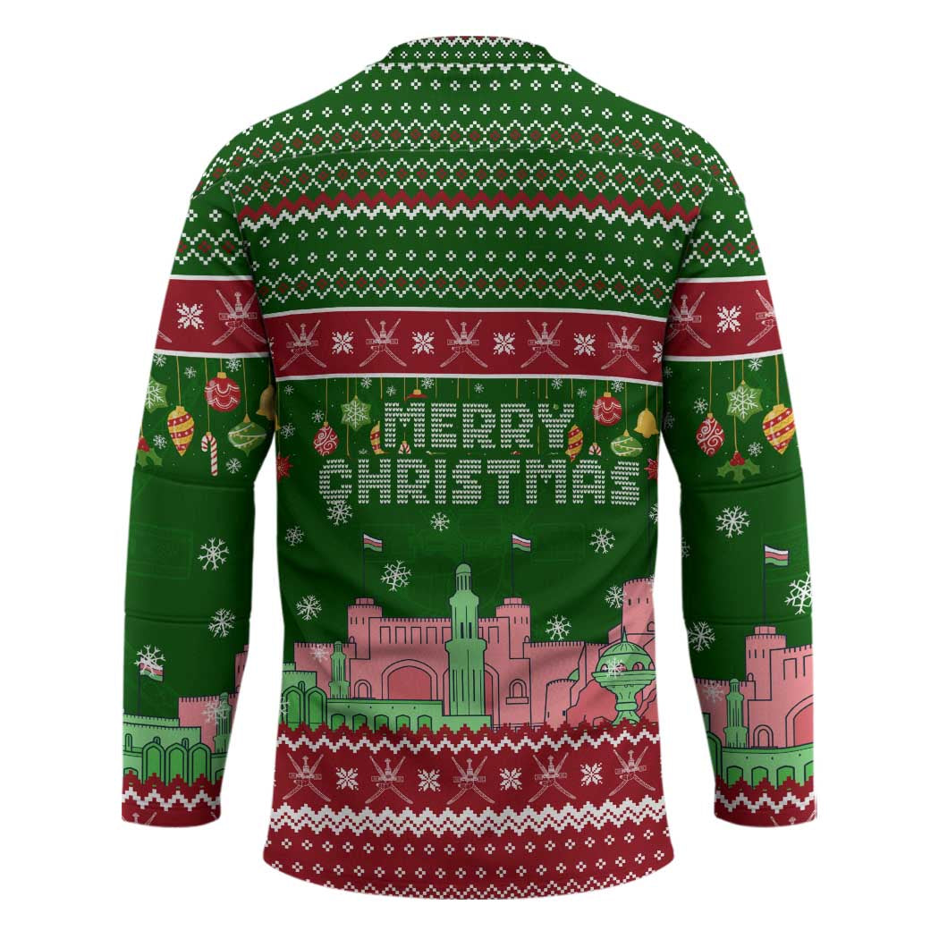 Oman Christmas Hockey Jersey with Green-Red Pattern, Mosque and Fort Landmarks, and Festive Ornament Motif - Wonder Print Shop