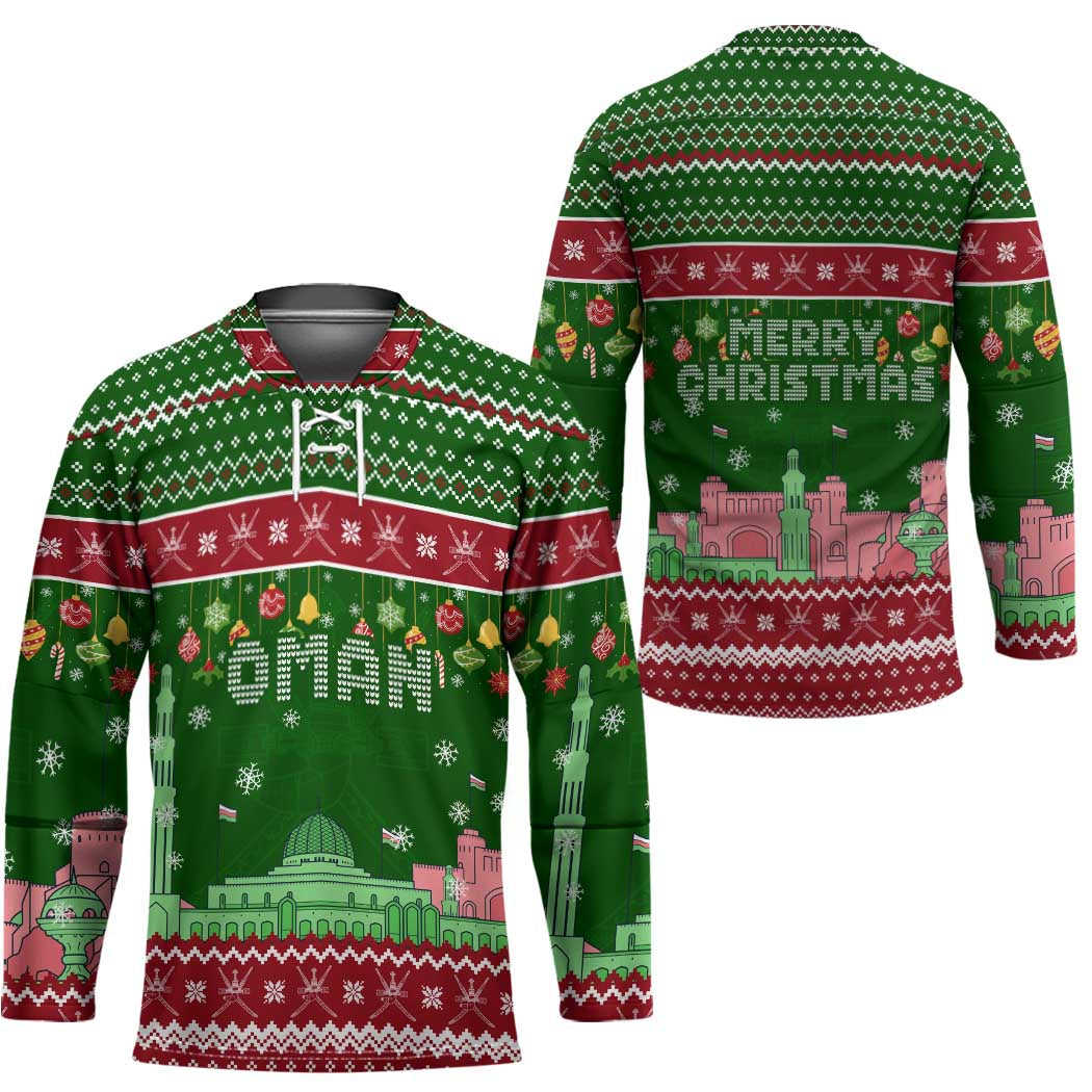 Oman Christmas Hockey Jersey with Green-Red Pattern, Mosque and Fort Landmarks, and Festive Ornament Motif - Wonder Print Shop